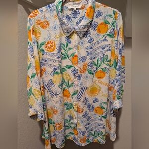Rose & Olive Citrus and Blue Tile Print Button-Up Shirt